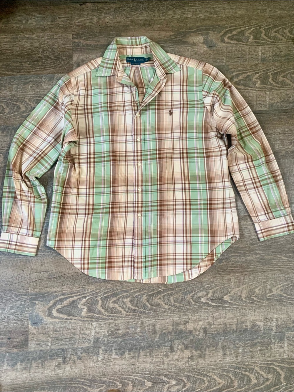 Polo by Ralph Lauren Preppy Fall Mint Green and Brown Plaid Button-Down Shirt